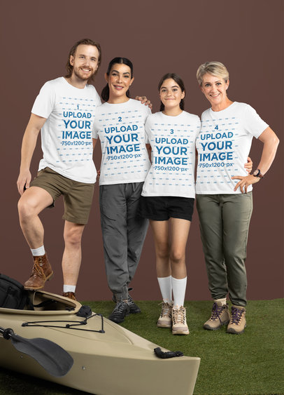 Bella Canvas T-Shirt Mockup Featuring a Happy Family Posing Near a Kayak
