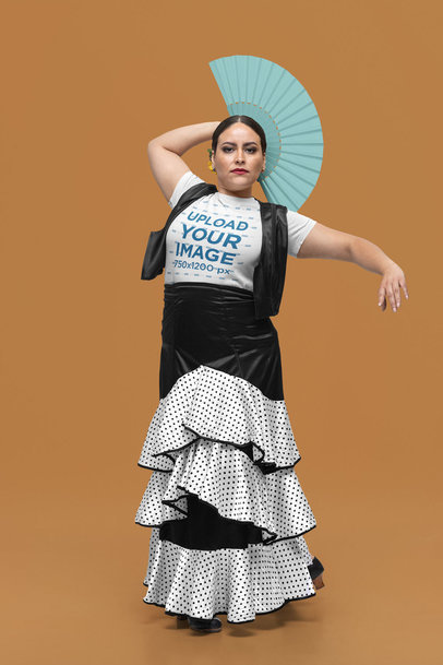 Bella Canvas T-Shirt Mockup of a Serious Woman Dancing Flamenco With a Hand Fan