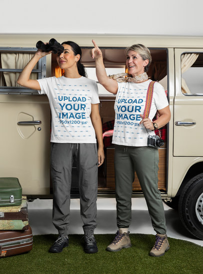 Bella Canvas Tee Mockup of Two Women on a Family Trip-Themed Setting m34976