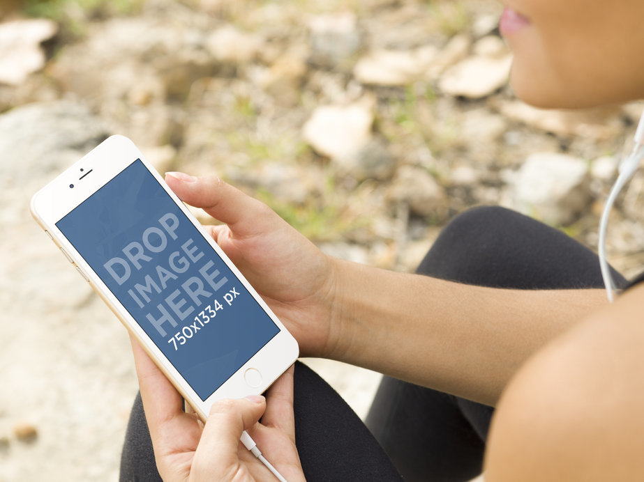 Mockup of Woman Hiking And Listening To Music With Gold iPhone 6