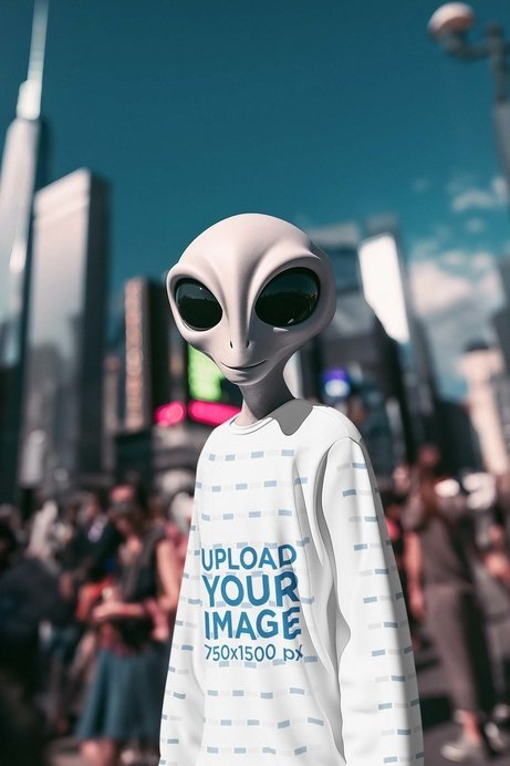 AI-Generated Sweatshirt Mockup of a Smiling Alien Posing in the City