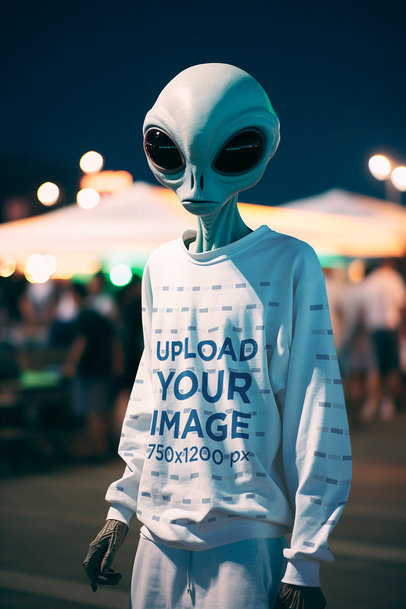 Round-Neck Sweatshirt Mockup of an Extraterrestrial Creature with Big Eyes