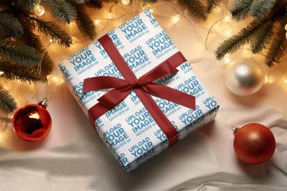 Christmas-Themed Mockup Featuring an AI-Generated Present With Wrapping Paper