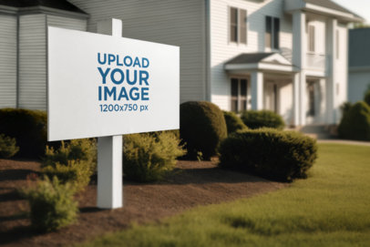 AI-Generated Mockup of a Yard Sign Placed in Front of a Two-Floor House