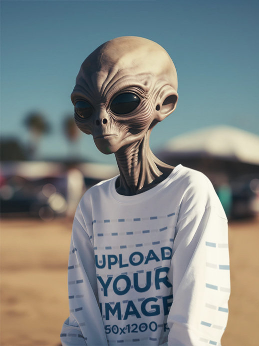 AI-Generated Mockup of a Big-Headed Alien Wearing a Sweatshirt