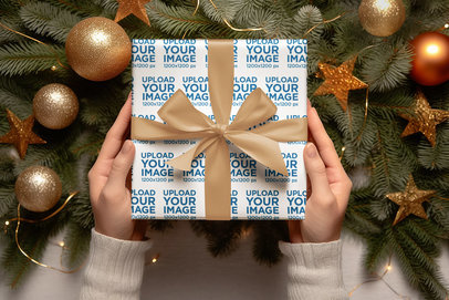 Mockup of an AI-Generated Person Holding a Christmas Present With Wrapping Paper