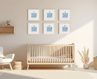 AI-Generated Mockup Featuring Six Art Prints Placed on a Nursery