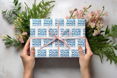 Wrapping Paper Mockup Featuring an AI-Generated Woman and a Gift With Flowers