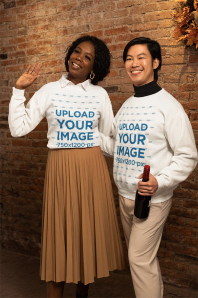 Gildan Sweatshirt Mockup of a Smiling Man and Woman Celebrating Thanksgiving