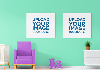 AI-Generated Mockup of Two Art Prints Placed in a Sweet Nursery Room