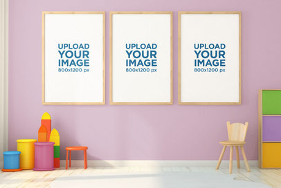 AI-Generated Mockup of Three Art Prints Placed on a Kids' Playroom