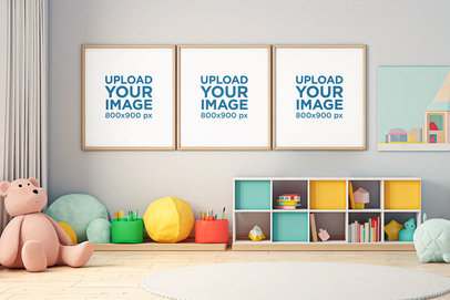 Mockup of Three Art Prints Placed Inside a Playroom for Children