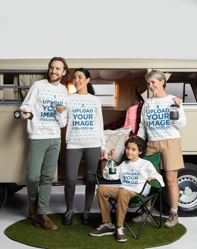 Gildan Sweatshirt Mockup of a Smiling Family Posing in a Camping Van