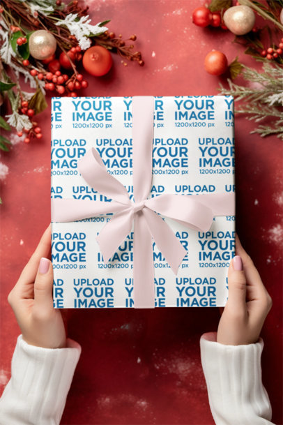 Christmas-Themed Mockup of an AI-Generated Woman Holding a Gift Wrapping Paper