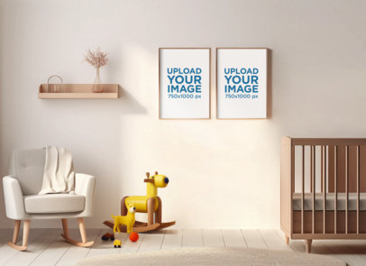 AI-Created Mockup of Two Art Prints Decorating a Baby Room's Wall