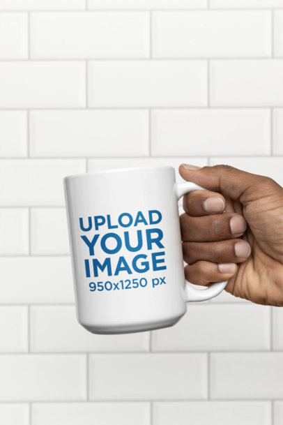 Mockup of a Man Holding a 15 oz Coffee Mug Close to the Camera m35754