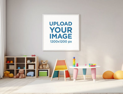 AI-Generated Mockup of a Nursery Room Featuring a Squared Art Print