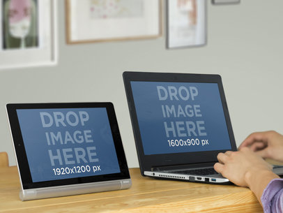 Lenovo Tablet and Asus Ultrabook Mockup at Creative Office Setting