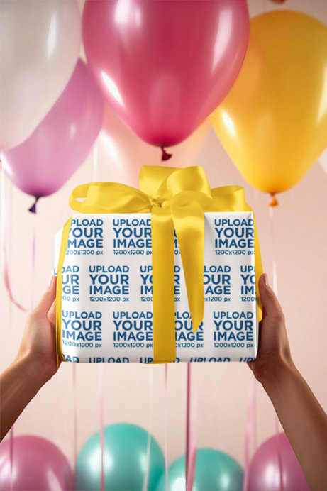 Wrapping Paper Mockup Featuring an AI-Generated Woman Holding a Birthday Present