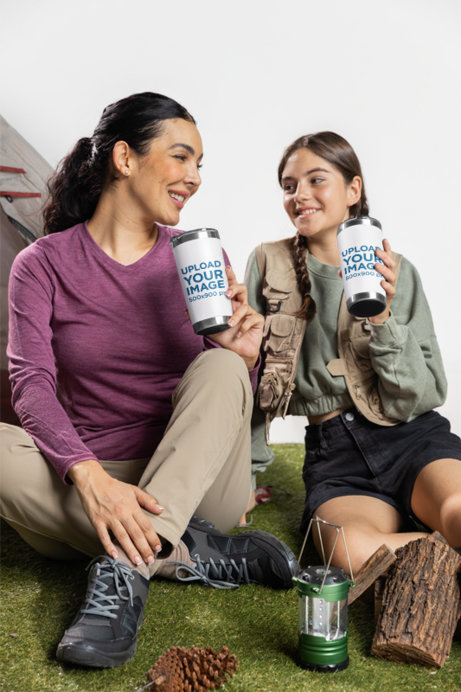 Travel Mug Mockup of a Happy Woman and a Girl Sitting Near a Camping Tent