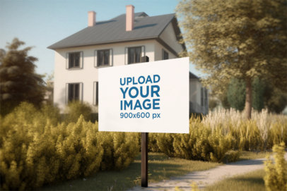 AI-Created Mockup Featuring a Yard Sign Placed in Front of a House