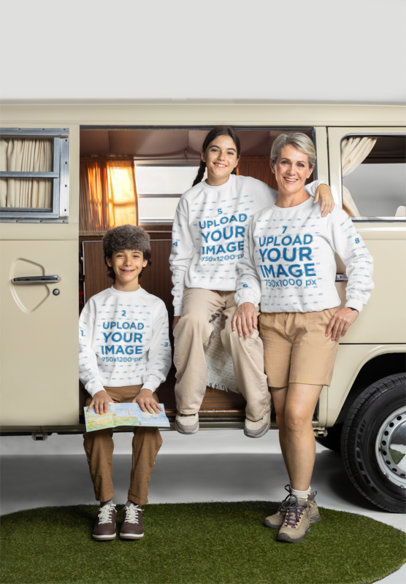 Gildan Sweatshirt Mockup of Two Kids with Their Grandmother Posing by Their Camper Van