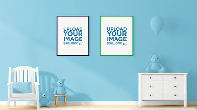 AI-Generated Mockup Featuring Two Art Prints Placed on a Cute Children's Room