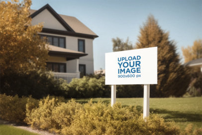 AI-Created Mockup Featuring a Lawn Sign Placed in Front of a House m35085