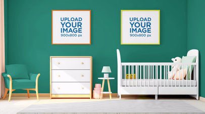 AI-Created Mockup Featuring Two Squared-Sized Art Prints in a Baby Room m35412