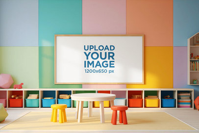AI-Generated Mockup of an Art Print Placed on a Kindergarten's Classroom Wall