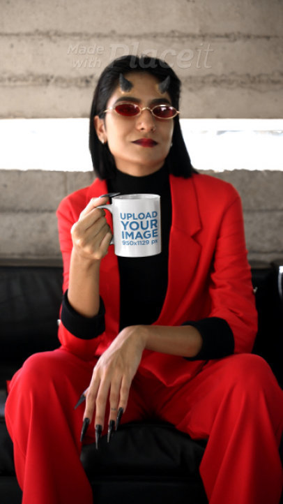 Coffee Mug Video of a Woman Wearing a Halloween Costume