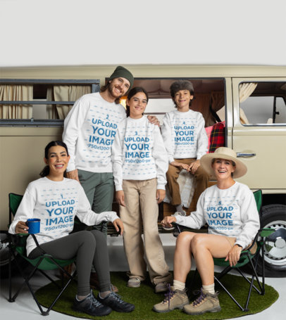 Gildan Sweatshirt Mockup Featuring a Happy Family Posing in Front of a Camper Van