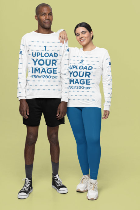 Bella Canvas Long-Sleeve Tee Mockup of a Smiling Woman and a Man Posing in a Studio
