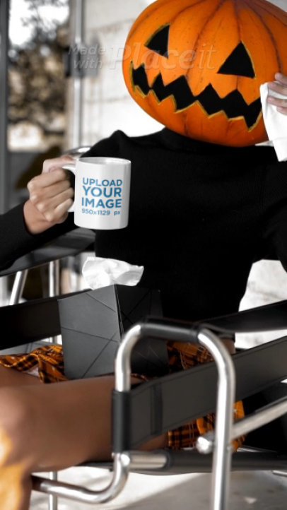 Coffee Mug Video of a Woman With a Pumpkin Head Wiping Her Tear With a Tissue