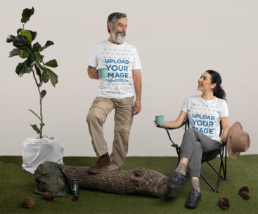 Bella Canvas T-Shirt Mockup Featuring a Couple at a Camping-Decorated Setting