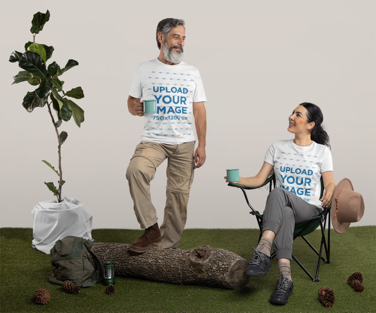 Bella Canvas T-Shirt Mockup Featuring a Couple at a Camping-Decorated Setting