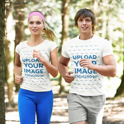 Heathered T-Shirt Mockup Featuring a Smiling Couple Running in a Park m31111 r-el2