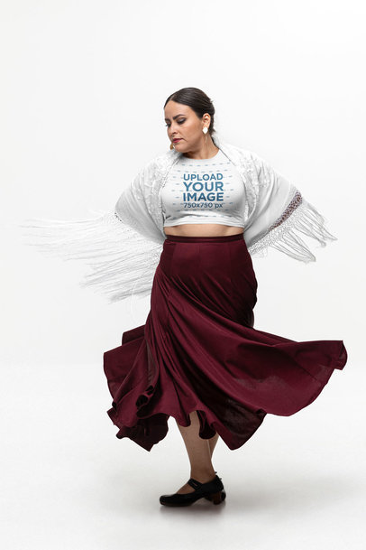 Bella Canvas Crop Top Mockup of a Serious Woman Spinning a Skirt and Dancing Flamenco