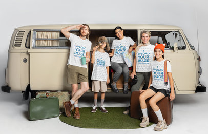 Bella Canvas T-Shirt Mockup of a Happy Family Posing Next to a Camper Van