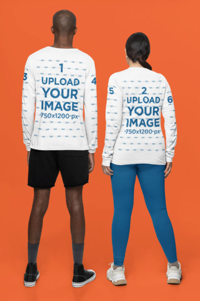 Back-View Mockup Featuring a Man and a Woman Wearing Bella Canvas Long Sleeve Tees