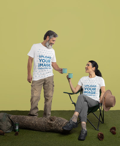Bella Canvas T-Shirt Mockup of a Bearded Man and a Woman Drinking Coffee at a Camping Site