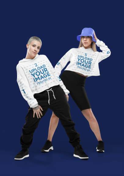Crop Top Hoodie Mockup Featuring Two Women Dancing in a Studio