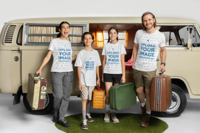 Bella Canvas Tee Mockup Featuring a Happy Family Posing by a Camper Van