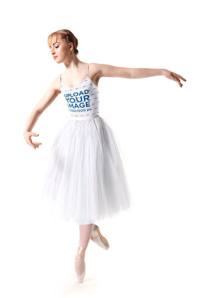 Sublimated Bodysuit Mockup Featuring a Woman Dancing Ballet Against a White Background