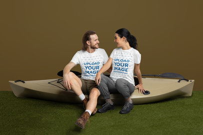 Bella Canvas T-Shirt Mockup of a Married Couple Posing on a Kayak