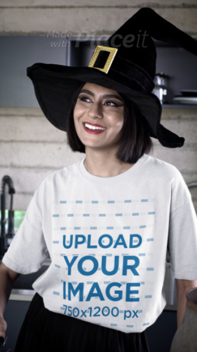 Halloween-Themed Video of a Woman Wearing a Witch Hat and a Yazbek Tee 7172v
