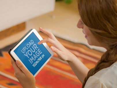 iPad Mockup Template of Girl on the Carpet