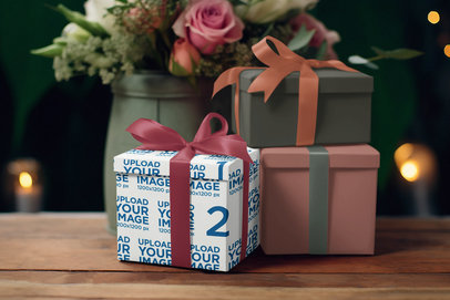 Wrapping Paper Mockup Featuring AI-Generated Gifts Placed on a Wooden Table