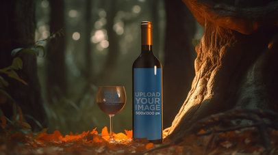 AI-Generated Mockup Featuring a Wine Glass and a Wine Bottle Placed in a Forest