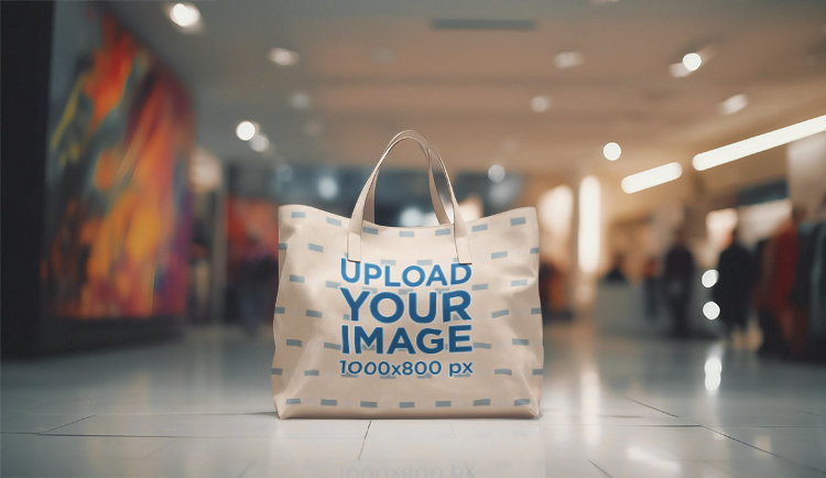 AI-Generated Mockup of a Tote Bag Placed on a Mall's Floor